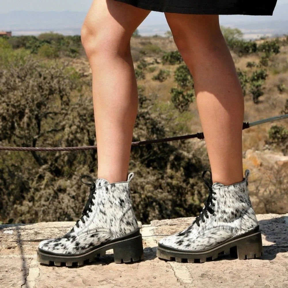Agave Sky Cami Combat Boots salt and pepper cowhide handmade black bootie 6